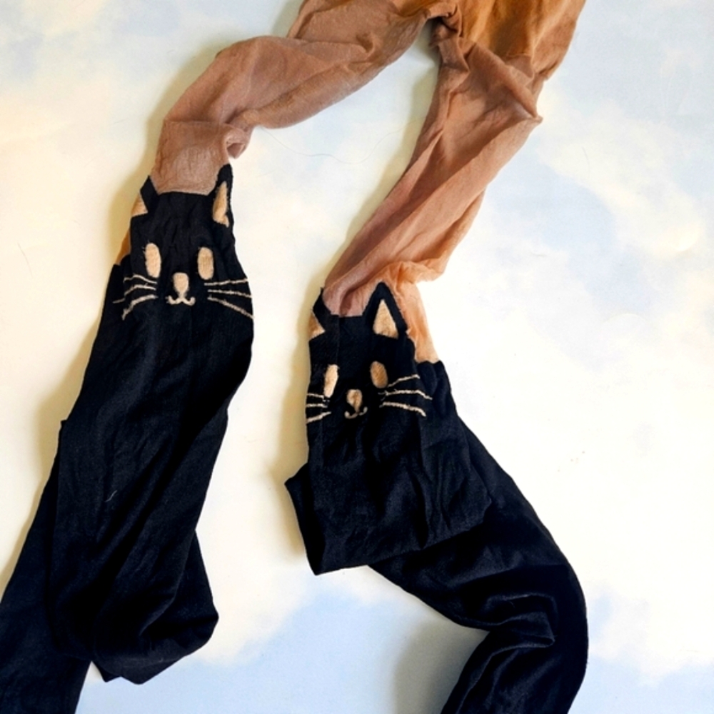Black & Tan Skin Tone Cat Face Print Stockings Cat Tights